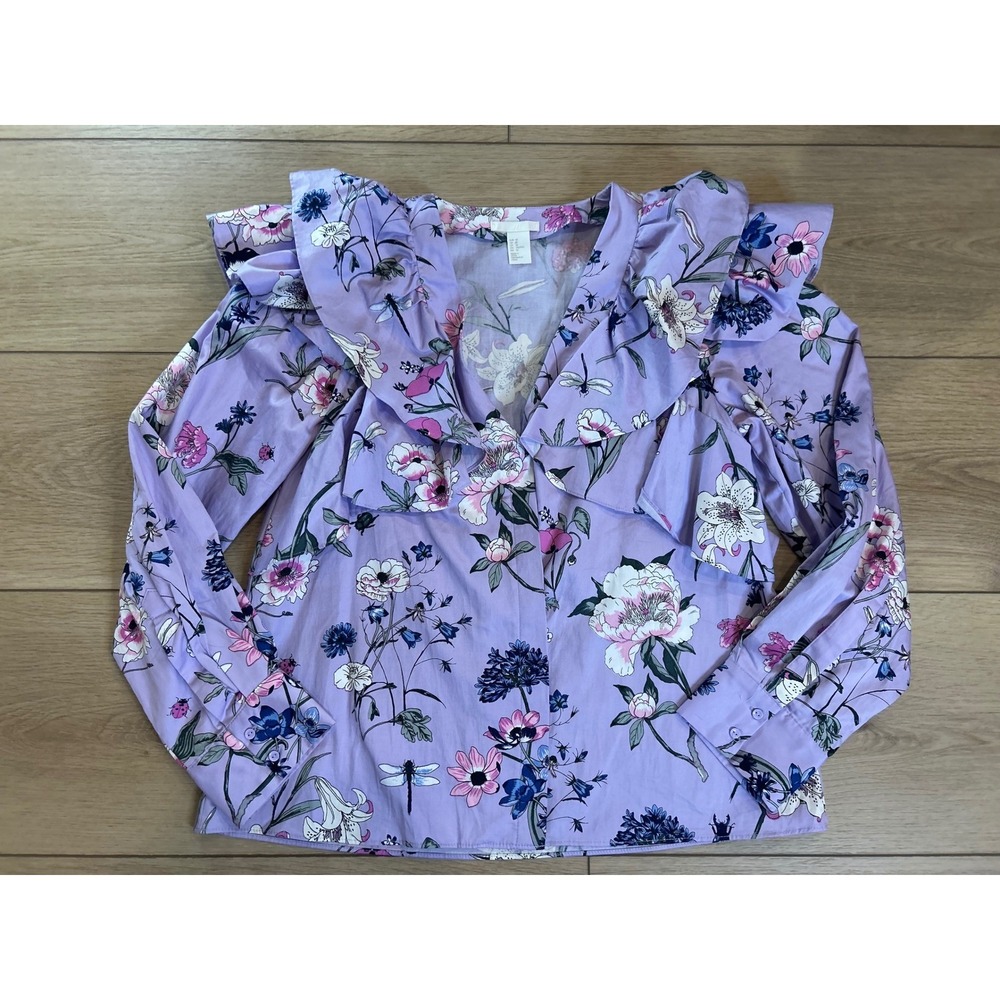 HM Purple Floral Ruffle Blouse V-Neck Botanical Dragonfly Print Top US 10